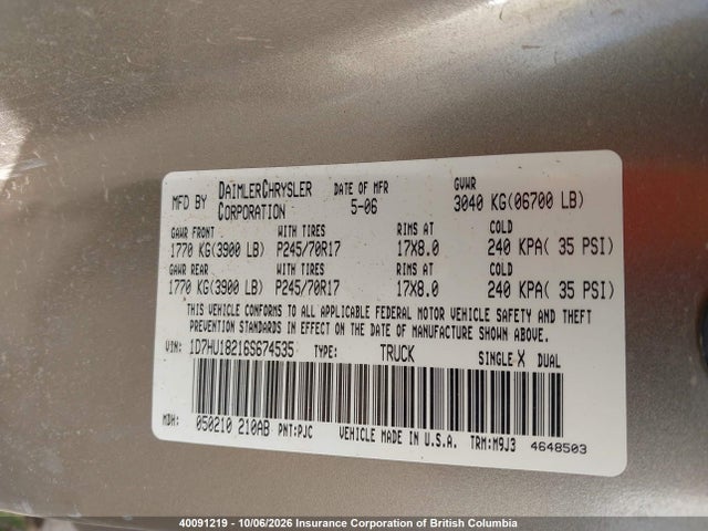 Продаж на аукціоні авто 2006 Dodge Ram 1500 Slt/trx4 Off Road/sport, vin: 1D7HU18216S674535, номер лоту: 40091219