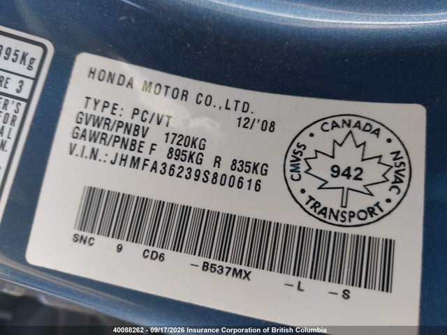 Aukcja sprzedaży 2009 Honda Civic Hybrid, vin: JHMFA36239S800616, numer aukcji: 40088262