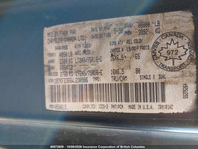 40072609 :رقم المزاد ، 1B7KF2366WJ230986 vin ، 1998 Dodge Ram 2500 مزاد بيع