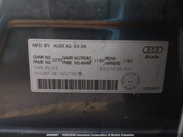40086907 :رقم المزاد ، WAUKF78E16A273075 vin ، 2006 Audi A4 2.0t Avant Quattro مزاد بيع