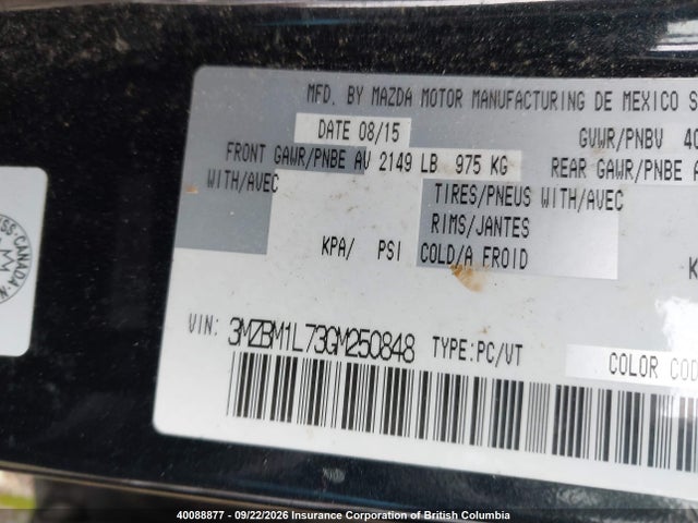 2016 Mazda 3 Touring მანქანა იყიდება აუქციონზე, vin: 3MZBM1L73GM250848, აუქციონის ნომერი: 40088877