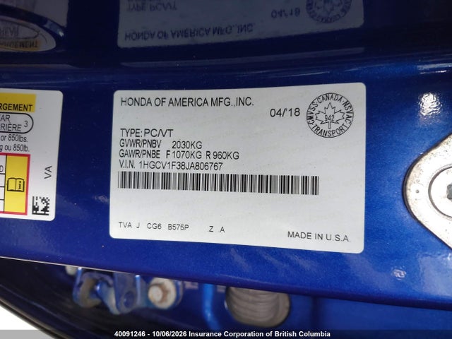 Продажа на аукционе авто 2018 Honda Accord Sport, vin: 1HGCV1F38JA806767, номер лота: 40091246