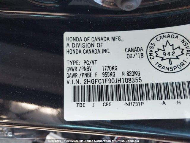 Aukcja sprzedaży 2018 Honda Civic, vin: 2HGFC1F90JH108355, numer aukcji: 40091259