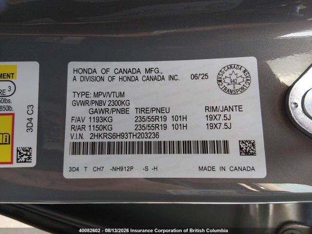 Продажа на аукционе авто 2026 Honda Cr-v Sport Touring, vin: 2HKRS6H93TH203236, номер лота: 40082602
