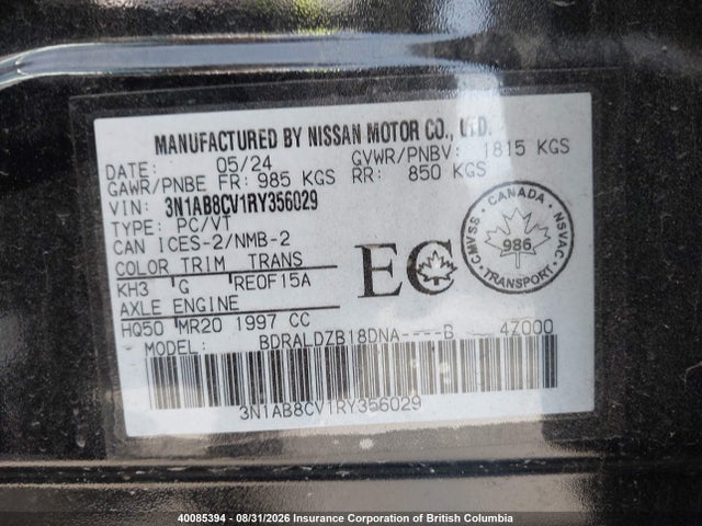 Aukcja sprzedaży 2024 Nissan Sentra Sv, vin: 3N1AB8CV1RY356029, numer aukcji: 40085394