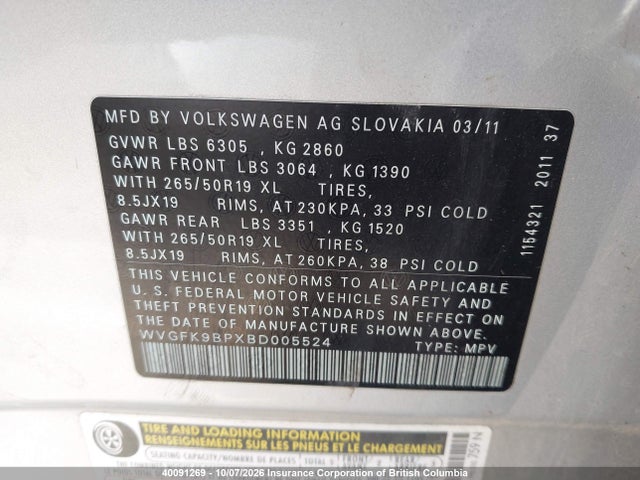 Aukcja sprzedaży 2011 Volkswagen Touareg V6 Tdi, vin: WVGFK9BPXBD005524, numer aukcji: 40091269