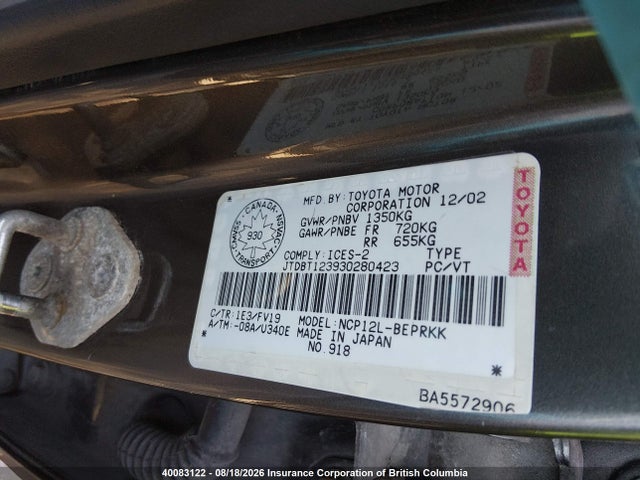 Aukcja sprzedaży 2003 Toyota Echo, vin: JTDBT123930280423, numer aukcji: 40083122