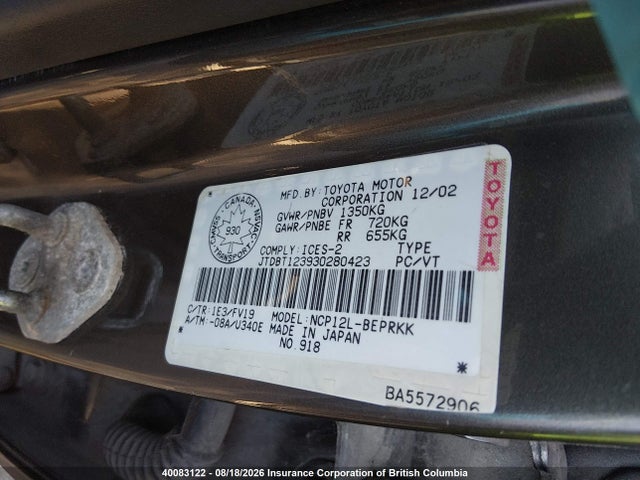 Aukcja sprzedaży 2003 Toyota Echo, vin: JTDBT123930280423, numer aukcji: 40083122