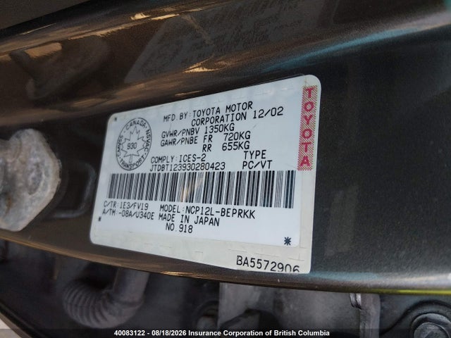 Aukcja sprzedaży 2003 Toyota Echo, vin: JTDBT123930280423, numer aukcji: 40083122