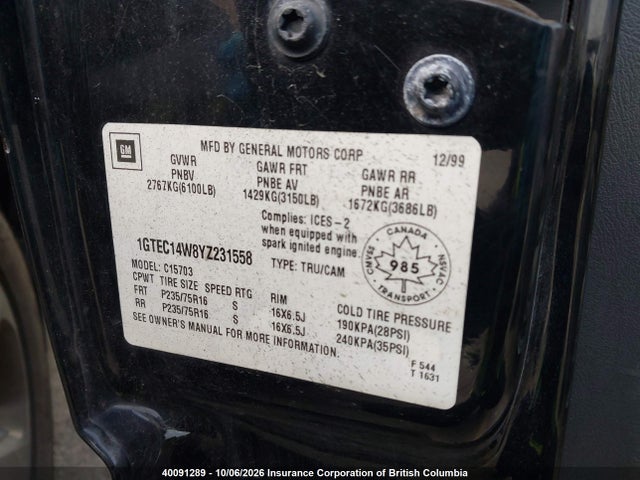 40091289 :رقم المزاد ، 1GTEC14W8YZ231558 vin ، 2000 Gmc New Sierra C1500 مزاد بيع