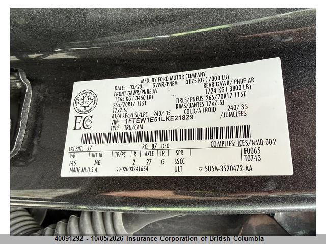 2020 Ford F150 მანქანა იყიდება აუქციონზე, vin: 1FTEW1E51LKE21829, აუქციონის ნომერი: 40091292