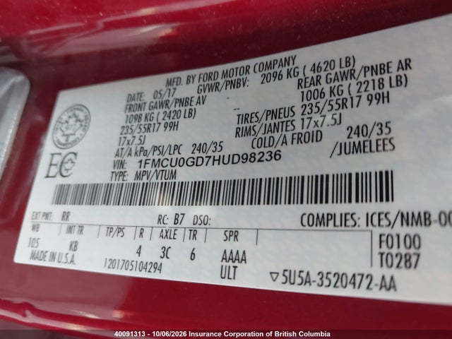 40091313 :رقم المزاد ، 1FMCU0GD7HUD98236 vin ، 2017 Ford Escape Se مزاد بيع