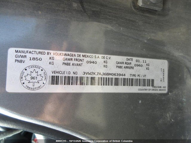 Aukcja sprzedaży 2011 Volkswagen Jetta, vin: 3VW2K7AJ6BM063944, numer aukcji: 40091315