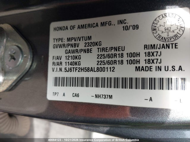 40084123 :رقم المزاد ، 5J6TF2H58AL800112 vin ، 2010 Honda Accord Crosstour Exl مزاد بيع