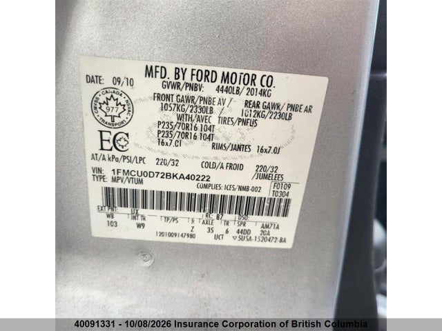 2011 Ford Escape Xlt მანქანა იყიდება აუქციონზე, vin: 1FMCU0D72BKA40222, აუქციონის ნომერი: 40091331