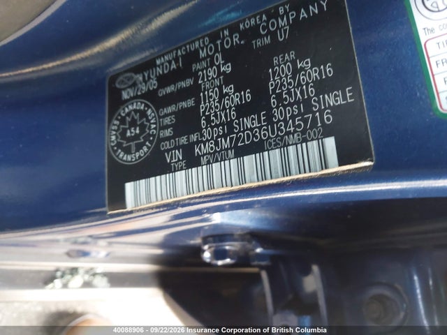 40088906 :رقم المزاد ، KM8JM72D36U345716 vin ، 2006 Hyundai Tucson Gl مزاد بيع