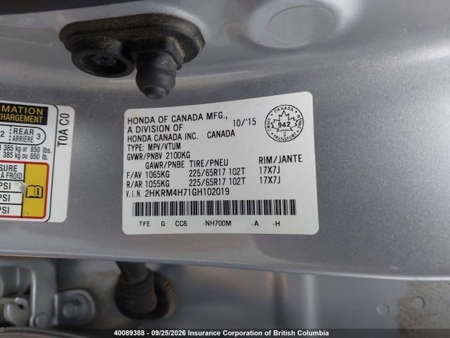 40089388 :رقم المزاد ، 2HKRM4H71GH102019 vin ، 2016 Honda Cr-v Exl مزاد بيع