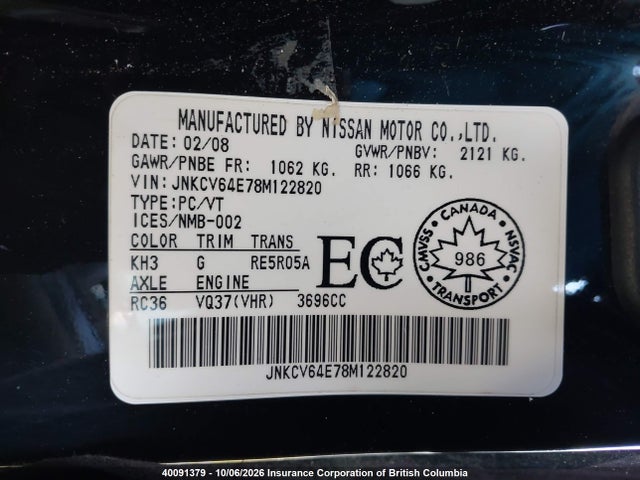Aukcja sprzedaży 2008 Infiniti G37, vin: JNKCV64E78M122820, numer aukcji: 40091379