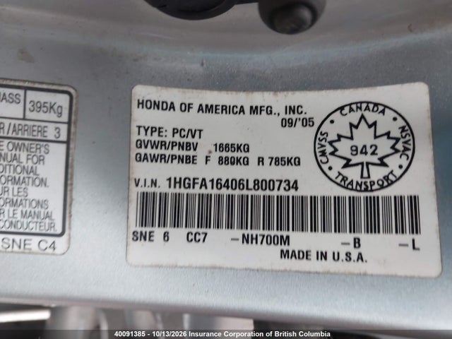 Продажа на аукционе авто 2006 Honda Civic, vin: 1HGFA16406L800734, номер лота: 40091385