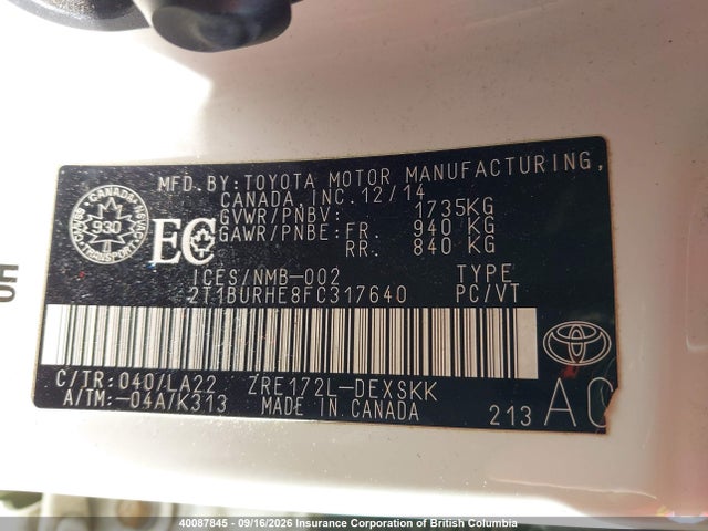 Aukcja sprzedaży 2015 Toyota Corolla L/le/le Pls/prm/s/s Pls, vin: 2T1BURHE8FC317640, numer aukcji: 40087845