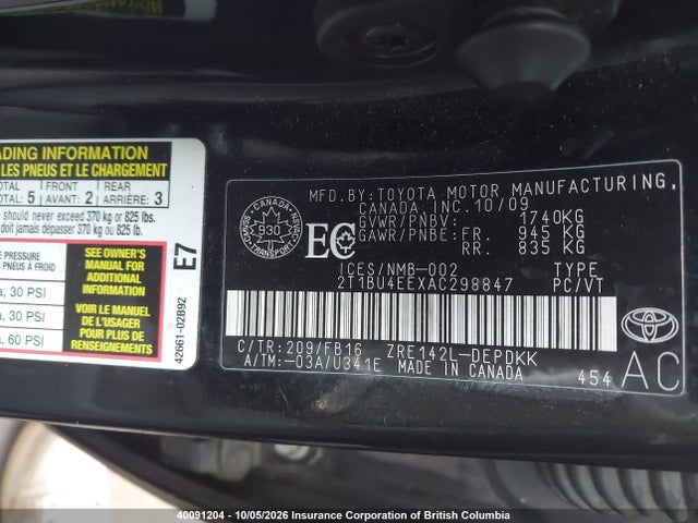40091204 :رقم المزاد ، 2T1BU4EEXAC298847 vin ، 2010 Toyota Corolla S/le/xle مزاد بيع