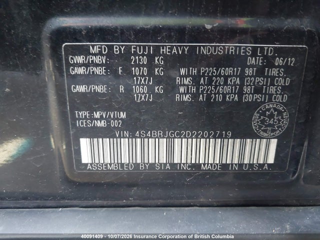Продаж на аукціоні авто 2013 Subaru Outback 3.6r Premium, vin: 4S4BRJGC2D2202719, номер лоту: 40091409