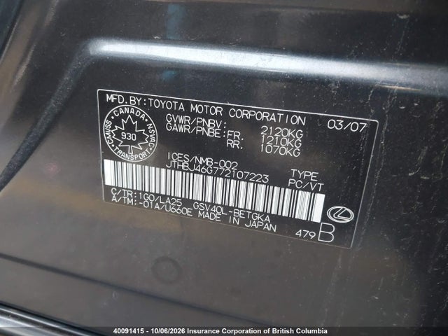 Aukcja sprzedaży 2007 Lexus Es350, vin: JTHBJ46G772107223, numer aukcji: 40091415