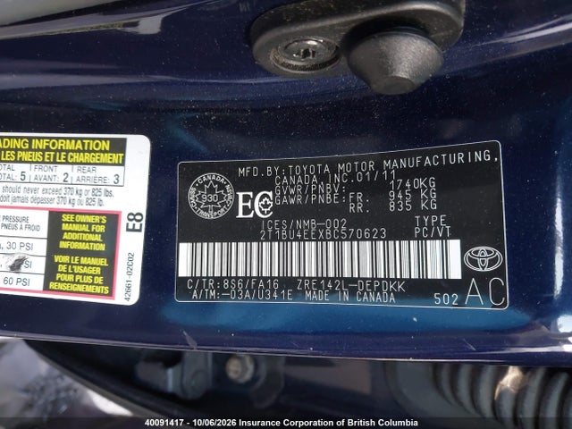 40091417 :رقم المزاد ، 2T1BU4EEXBC570623 vin ، 2011 Toyota Corolla S/le مزاد بيع