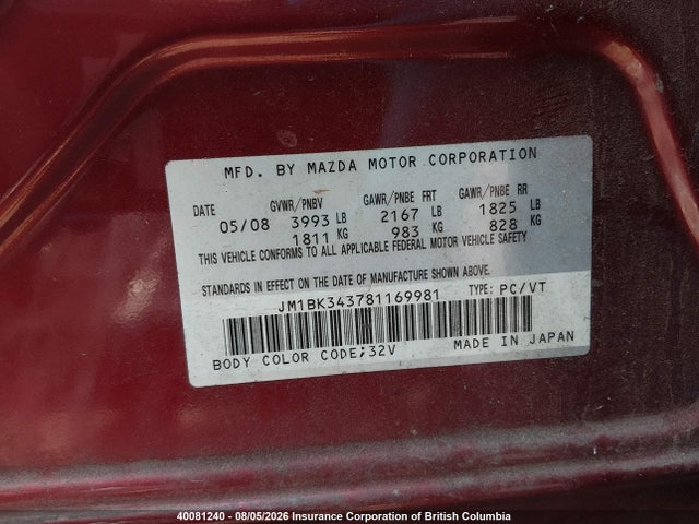 Aukcja sprzedaży 2008 Mazda 3 Hatchback, vin: JM1BK343781169981, numer aukcji: 40081240