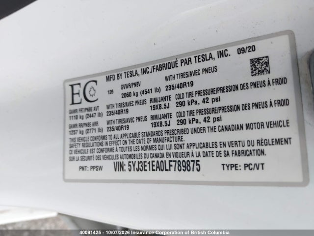 5YJ3E1EA0LF789875 Tesla MODEL 3
