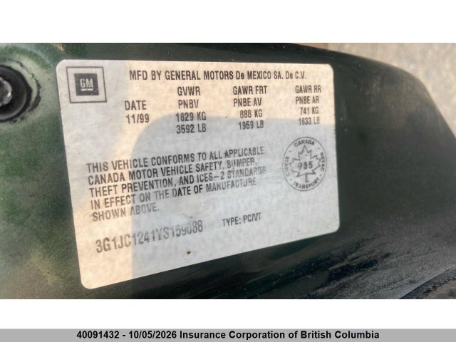 40091432 :رقم المزاد ، 3G1JC1241YS159088 vin ، 2000 Chevrolet Cavalier مزاد بيع