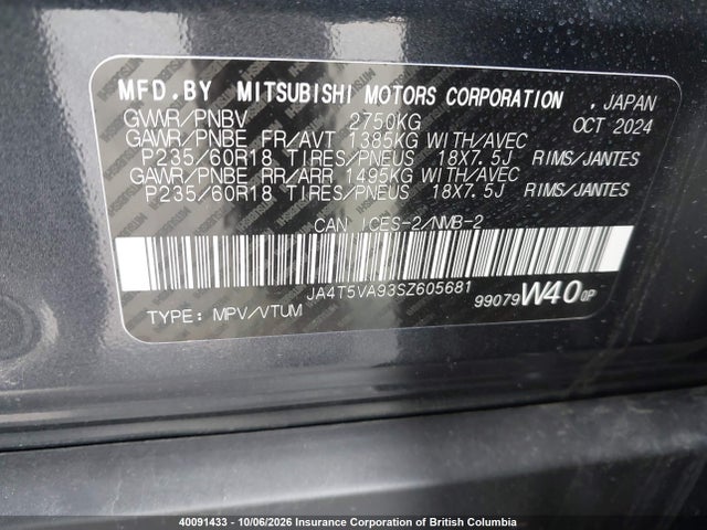 40091433 :رقم المزاد ، JA4T5VA93SZ605681 vin ، 2025 Mitsubishi Outlander Plug-in Hybrid Le/se S-awc/sel S-awc مزاد بيع