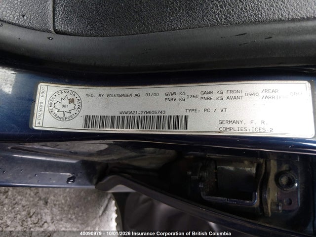 Продаж на аукціоні авто 2000 Volkswagen Golf Gls, vin: WVWGA21J2YW605743, номер лоту: 40090979