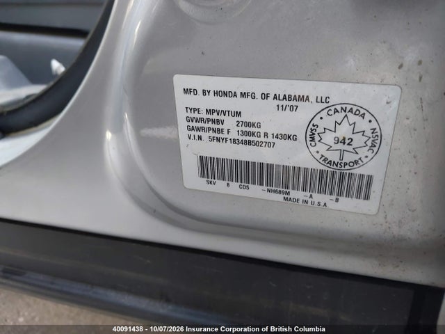 Продажа на аукционе авто 2008 Honda Pilot, vin: 5FNYF18348B502707, номер лота: 40091438