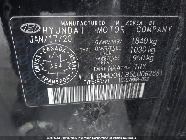2020 Hyundai Elantra Sport მანქანა იყიდება აუქციონზე, vin: KMHD04LB5LU062881, აუქციონის ნომერი: 40091443