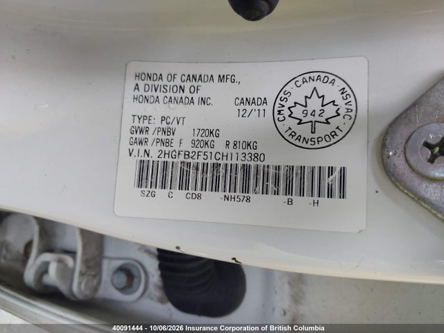 40091444 :رقم المزاد ، 2HGFB2F51CH113380 vin ، 2012 Honda Civic مزاد بيع