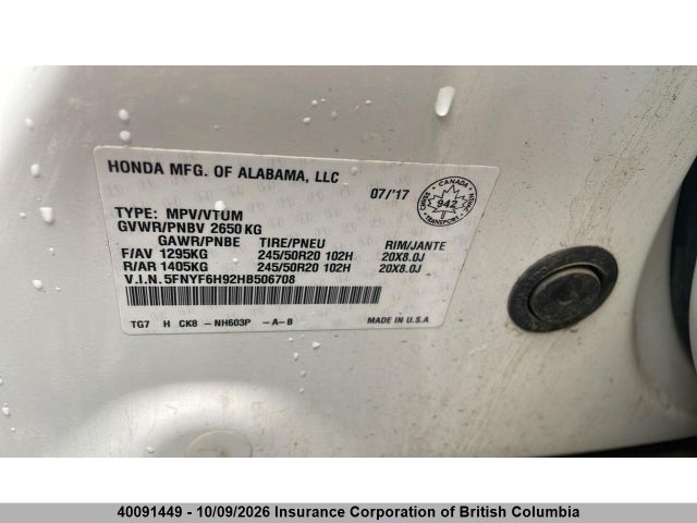 Продаж на аукціоні авто 2017 Honda Pilot, vin: 5FNYF6H92HB506708, номер лоту: 40091449