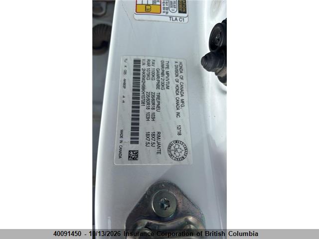 40091450 :رقم المزاد ، 2HKRW2H98KH107081 vin ، 2019 Honda Cr-v مزاد بيع