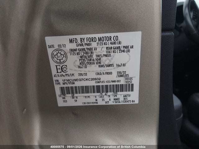 Продажа на аукционе авто 2012 Ford Escape Limited, vin: 1FMCU9EG7CKC20932, номер лота: 40085575