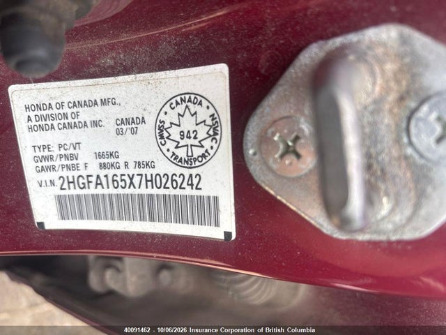 40091462 :رقم المزاد ، 2HGFA165X7H026242 vin ، 2007 Honda Civic مزاد بيع