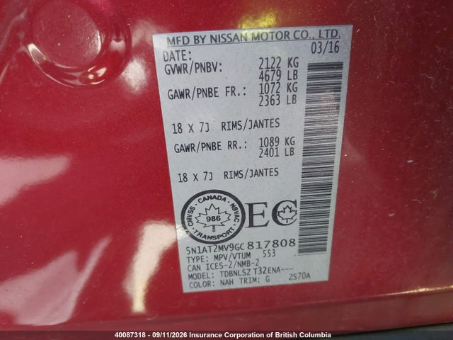 Aukcja sprzedaży 2016 Nissan Rogue S/sl/sv, vin: 5N1AT2MV9GC817808, numer aukcji: 40087318