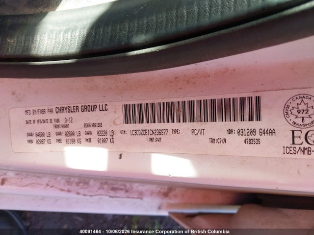 40091464 :رقم المزاد ، 1C3CDZCB1CN236977 vin ، 2012 Dodge Avenger Sxt مزاد بيع