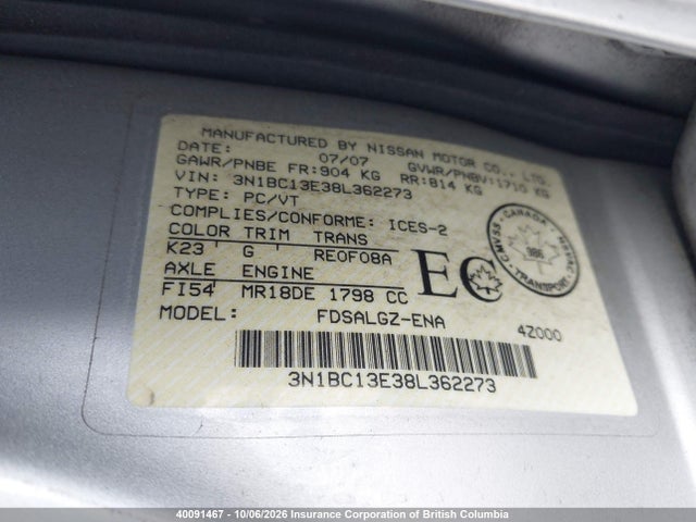 Aukcja sprzedaży 2008 Nissan Versa, vin: 3N1BC13E38L362273, numer aukcji: 40091467