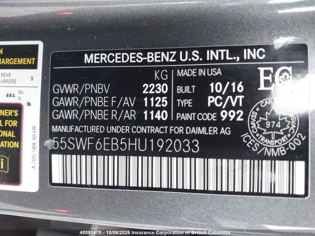 Продаж на аукціоні авто 2017 Mercedes-benz C 43 4mati Amg, vin: 55SWF6EB5HU192033, номер лоту: 40091478