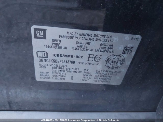 Chevrolet TRAX LS 2015 3GNCJKSB9FL213780 Image 9