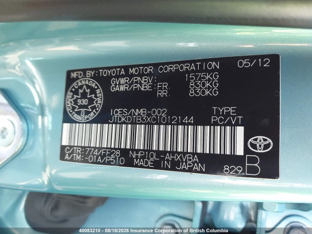 Aukcja sprzedaży 2012 Toyota Prius C, vin: JTDKDTB3XC1012144, numer aukcji: 40083210