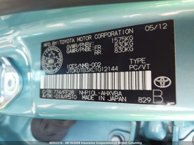 Aukcja sprzedaży 2012 Toyota Prius C, vin: JTDKDTB3XC1012144, numer aukcji: 40083210
