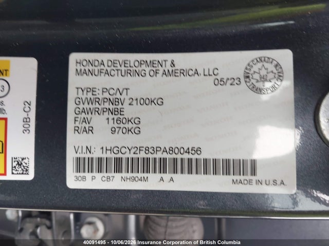 Aukcja sprzedaży 2023 Honda Accord Touring Hybrid, vin: 1HGCY2F83PA800456, numer aukcji: 40091495