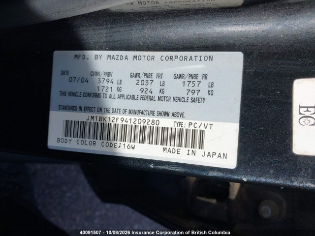 Aukcja sprzedaży 2004 Mazda 3 I, vin: JM1BK12F941209280, numer aukcji: 40091507