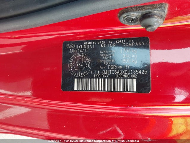 40090167 :رقم المزاد ، KMHTC6ADXD4135425 vin ، 2013 Hyundai Veloster مزاد بيع